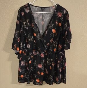 Torrid Floral Wrap Blouse in Orange and Pink